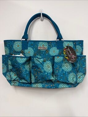 Teal Floral Organizer knitting Tote Bag with Exterior Pockets new